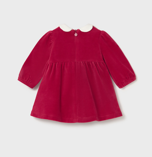 Back flat — button fastening at collar back; plain velvet back; waist seam and gathered skirt visible.