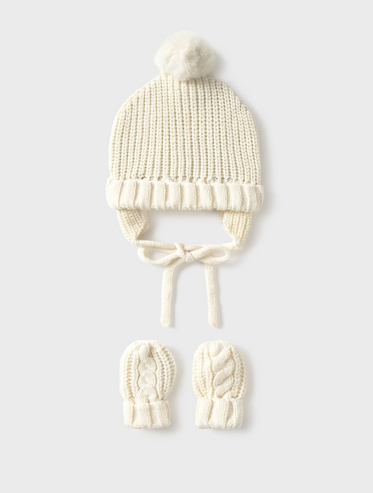 White knit hat with pom-pom and matching mittens. MAYORAL BABY HAT & MITTEN SET - CREAM