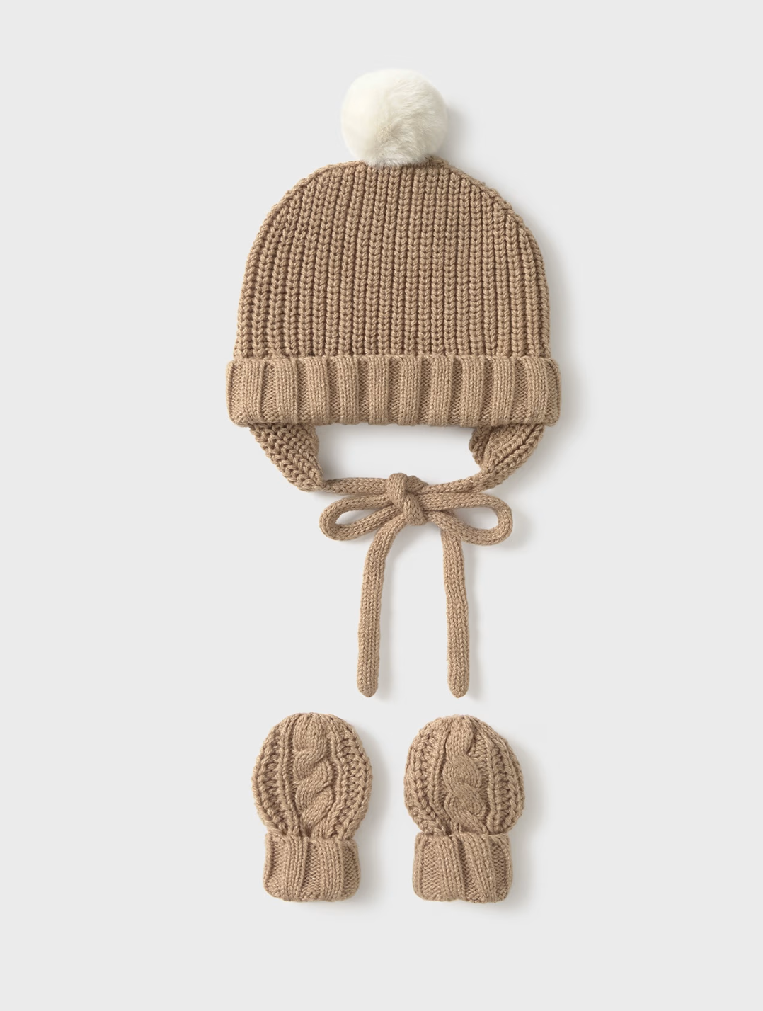 Knitted beige hat with pom-pom and matching mittens. MAYORAL BABY HAT & MITTEN SET - TOFFEE