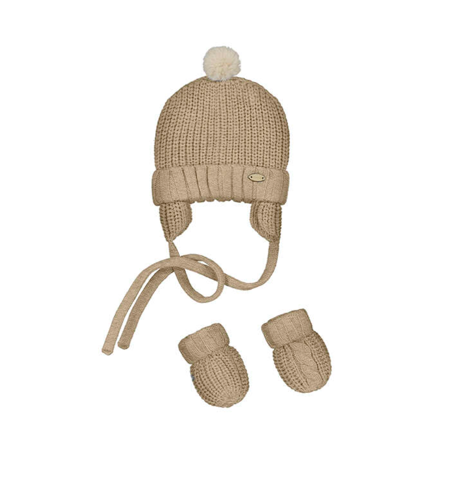 Knitted beige hat with a pom-pom and matching mittens. MAYORAL BABY HAT & MITTEN SET - TOFFEE