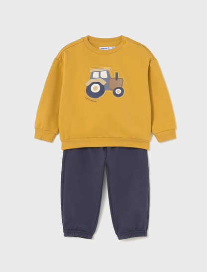 MAYORAL BOYS Yellow sweatshirt with tractor design and navy trousers
