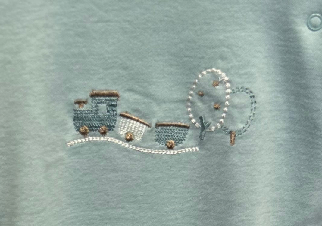 MAYORAL BABY TRAIN COTTON SLEEPSUIT - BLUE GREEN