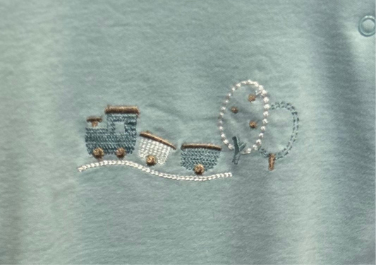 MAYORAL BABY TRAIN COTTON SLEEPSUIT - BLUE GREEN