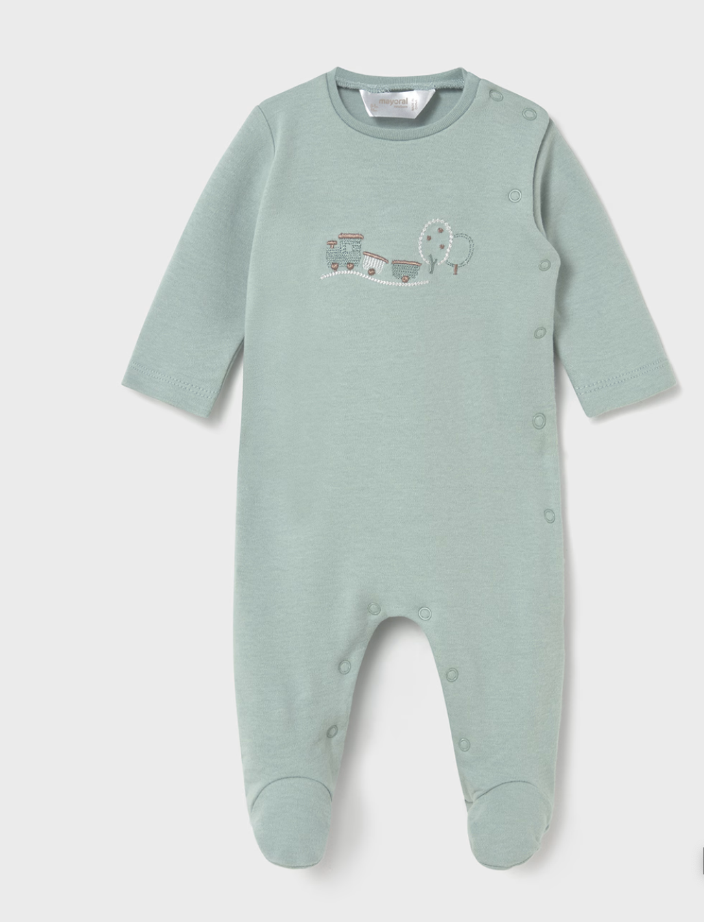 MAYORAL BABY TRAIN COTTON SLEEPSUIT - BLUE GREEN