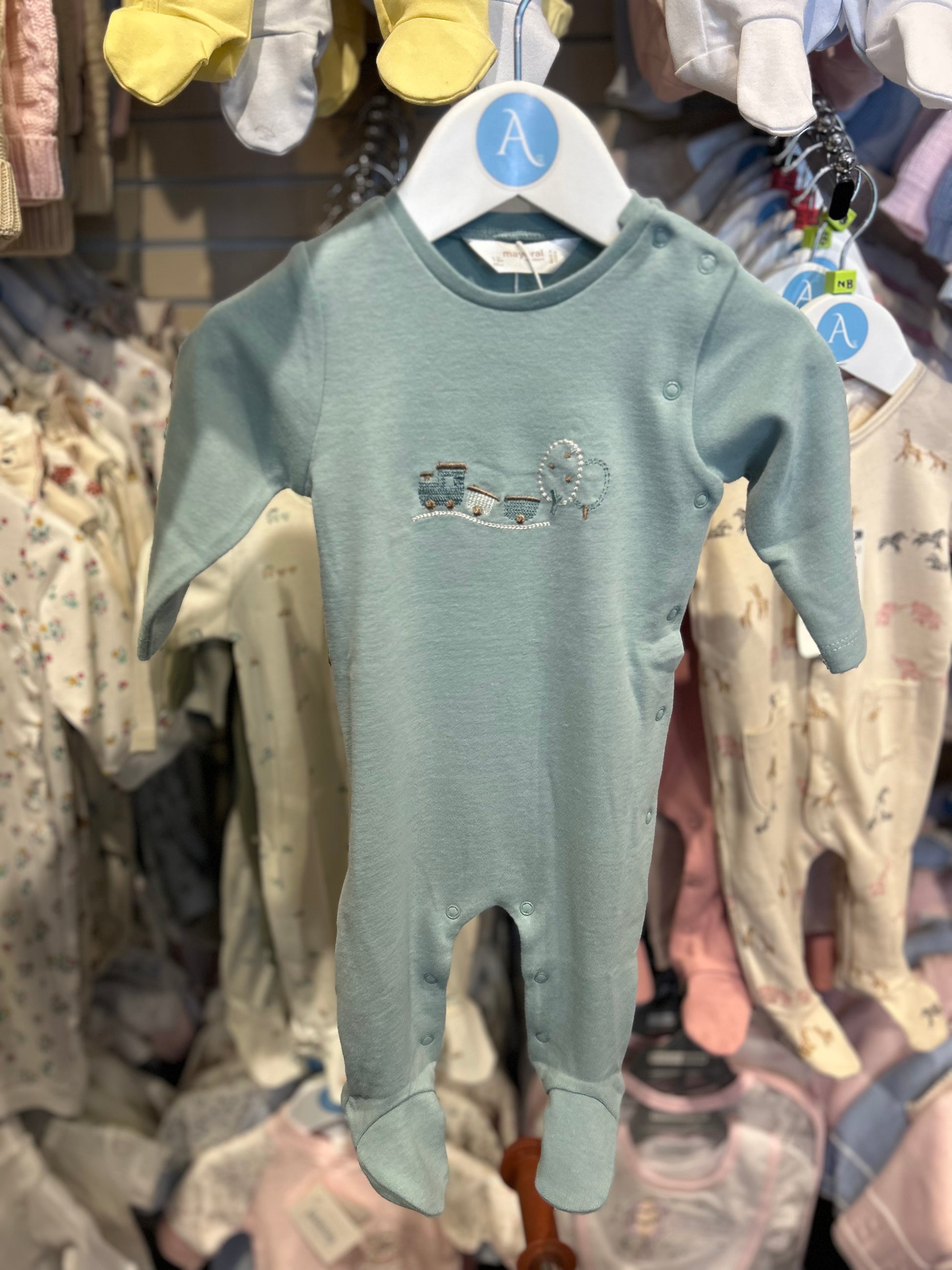 MAYORAL BABY TRAIN COTTON SLEEPSUIT - BLUE GREEN