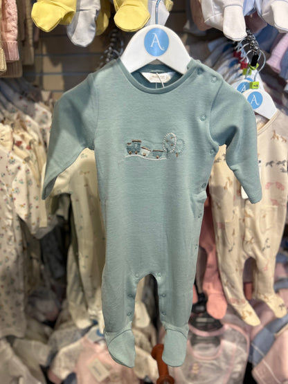 MAYORAL BABY TRAIN COTTON SLEEPSUIT - BLUE GREEN