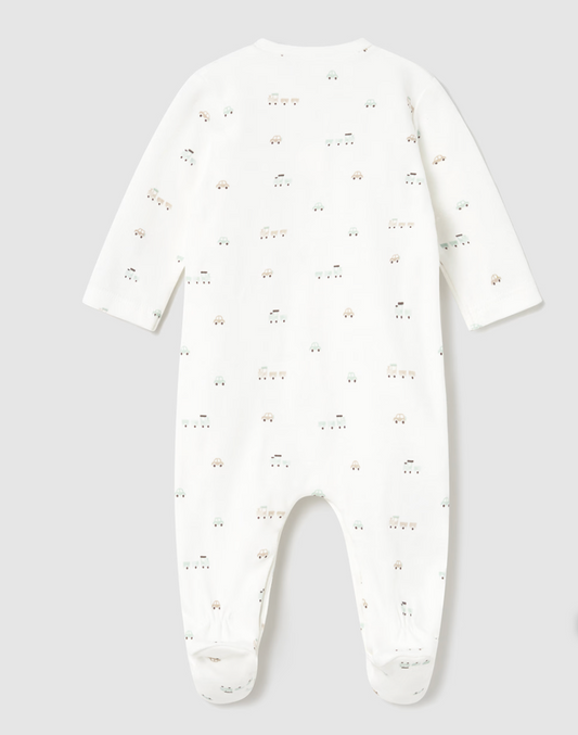 MAYORAL BABY TRAIN COTTON SLEEPSUIT - NEUTRAL TRAIN