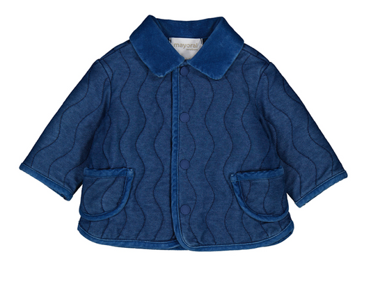 Blue quilted jacket with a collar. MAYORAL BABY UNISEX DENIM PADDED COAT JACKET WITH POPPERS