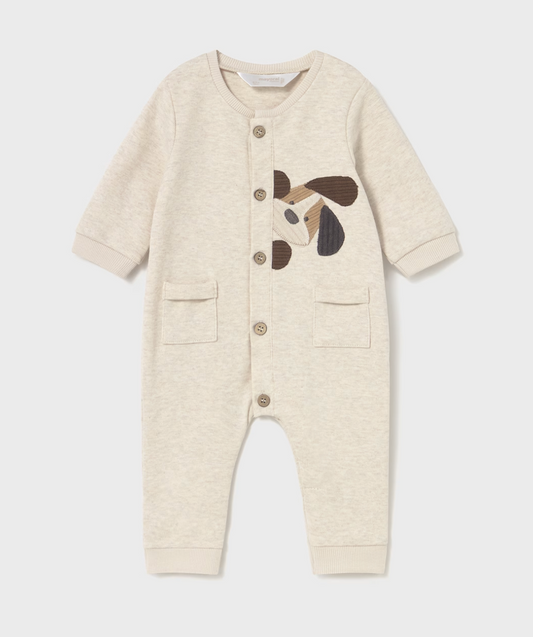 Beige baby romper with a DOG design. MAYORAL BABY UNISEX SLEEPSUIT - OATMEAL HAPPY PUPPY