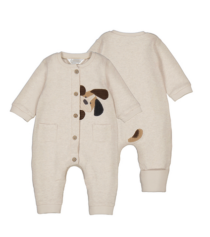 Beige baby onesie with dog applique. MAYORAL BABY UNISEX SLEEPSUIT - OATMEAL HAPPY PUPPY