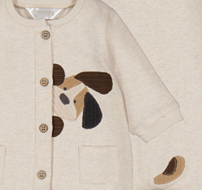 Children's outfit with a dog appliqué on a beige background. MAYORAL BABY UNISEX SLEEPSUIT - OATMEAL HAPPY PUPPY