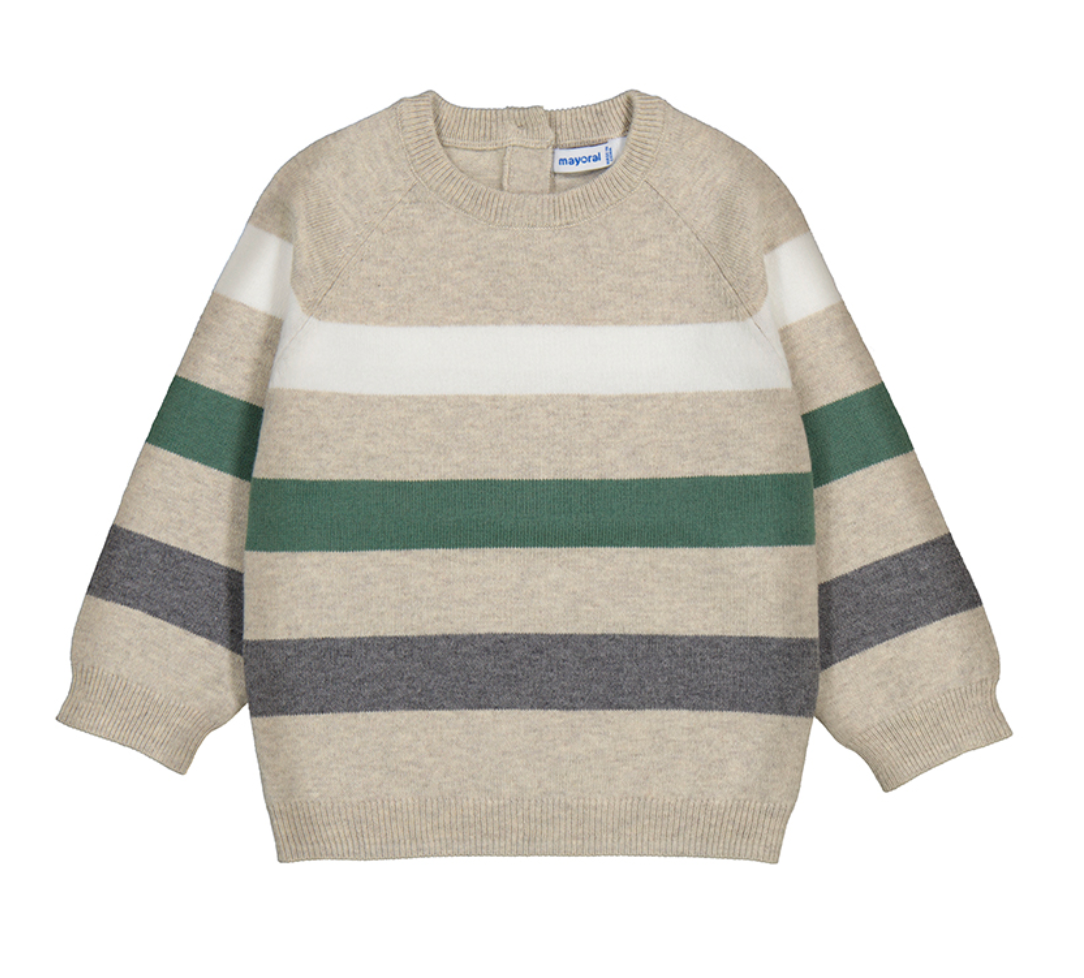 mayoral boys Striped sweater with beige, green, and grey colours on a white background