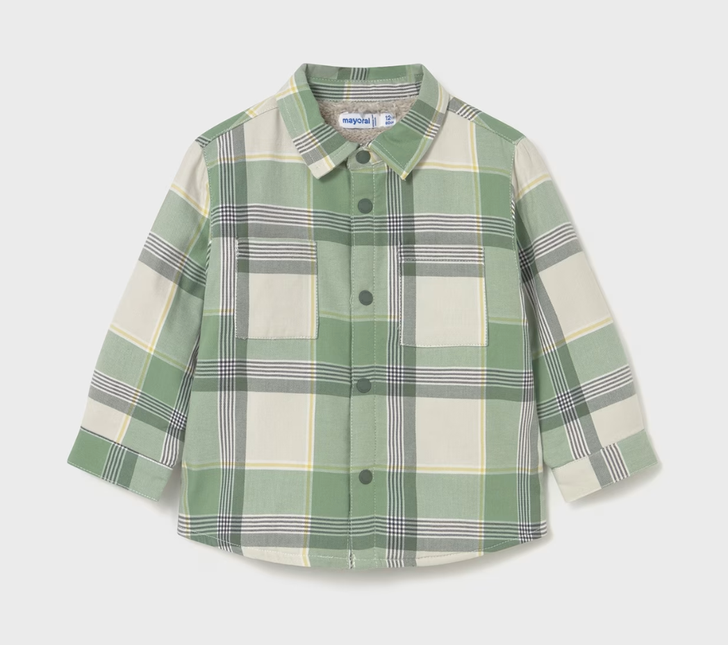 Front flat — sage/cream/grey/yellow plaid; 4 sage snap poppers; chest patch pocket; collar.