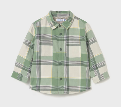 Front flat — sage/cream/grey/yellow plaid; 4 sage snap poppers; chest patch pocket; collar.
