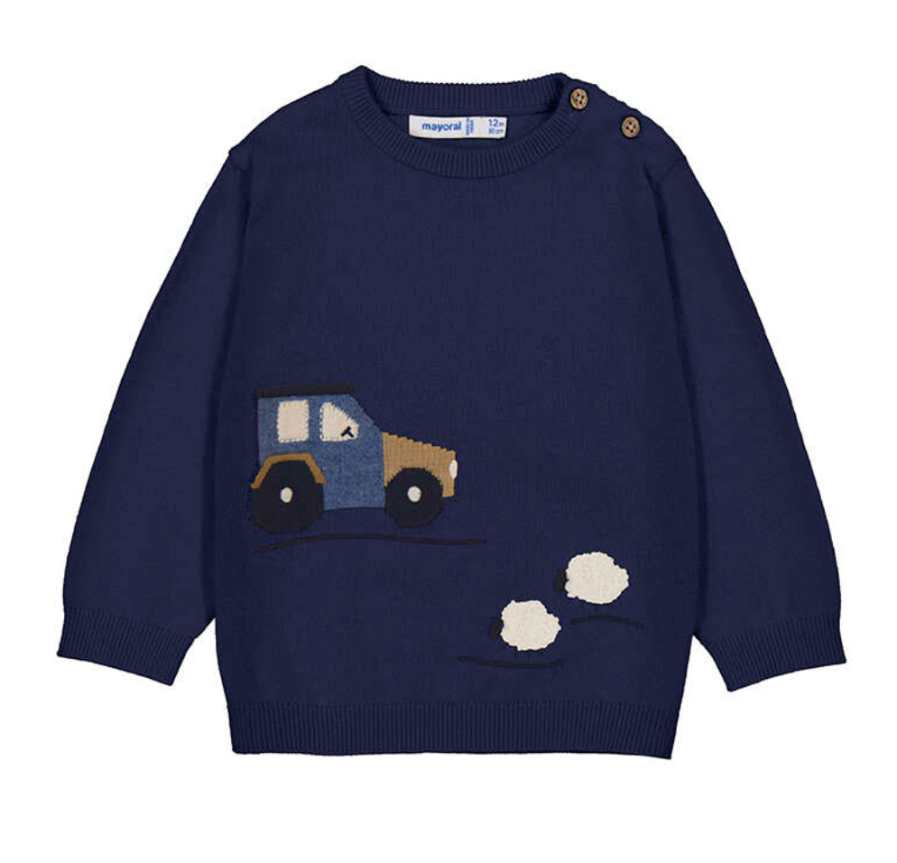 MAYORAL BOYS Navy blue sweater with a tractor design on a white background