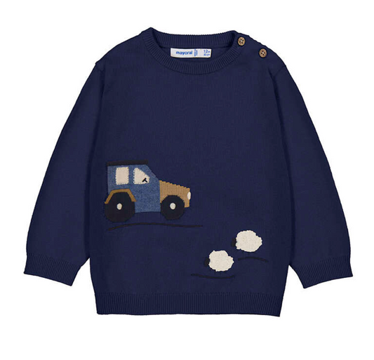 MAYORAL BOYS Navy blue sweater with a tractor design on a white background