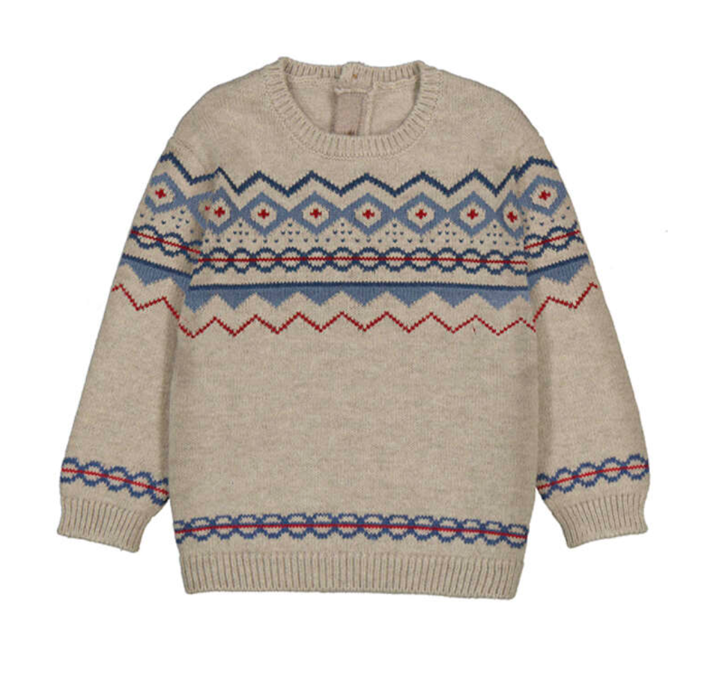 Mayoral Children's Classic Jacquard Jumper in Oat — front ghost flat-lay on white background; full-length view of the oat/chai heather marl knit jumper; classic Fair Isle-style jacquard yoke pattern in periwinkle blue, red and cream running across the chest and shoulders; zigzag chevron band, diamond motifs with red cross-stitch centres, chain-link interlace band and red zigzag stripe clearly visible across the yoke; jacquard pattern repeated on the sleeves and at the hem; ribbed crew neckline; long sleeves