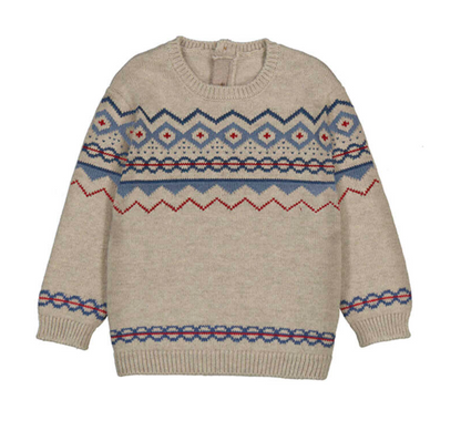 Mayoral Children's Classic Jacquard Jumper in Oat — front ghost flat-lay on white background; full-length view of the oat/chai heather marl knit jumper; classic Fair Isle-style jacquard yoke pattern in periwinkle blue, red and cream running across the chest and shoulders; zigzag chevron band, diamond motifs with red cross-stitch centres, chain-link interlace band and red zigzag stripe clearly visible across the yoke; jacquard pattern repeated on the sleeves and at the hem; ribbed crew neckline; long sleeves