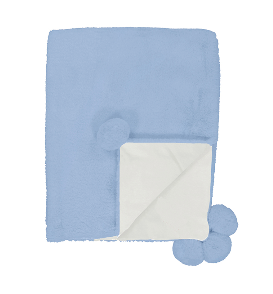 Blue baby blanket with white reverse side and blue pom-poms on a white background. MAYORAL FAUX FUR BABY POM POM BLANKET - CLOUD BLUE