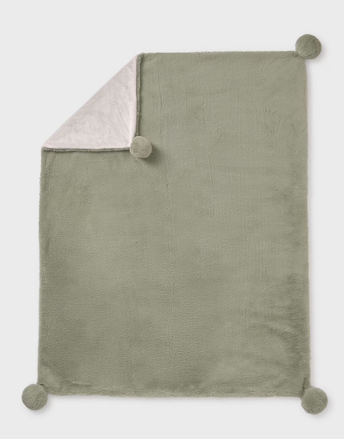 Green blanket with pom-pom edges on a white background. MAYORAL FAUX FUR BABY POM POM BLANKET - SAGE