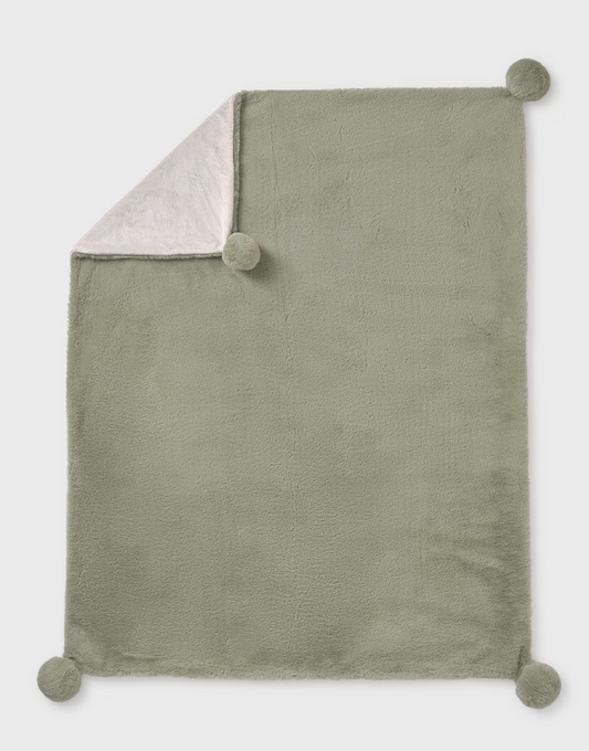 Green blanket with pom-pom edges on a white background. MAYORAL FAUX FUR BABY POM POM BLANKET - SAGE