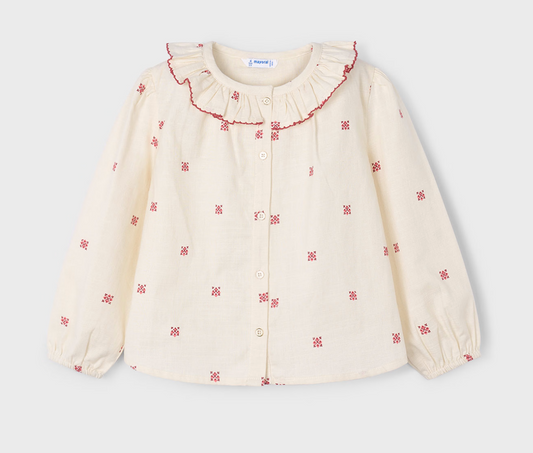 Mayoral girls White blouse with ruffle collar and dark pink floral embroidery