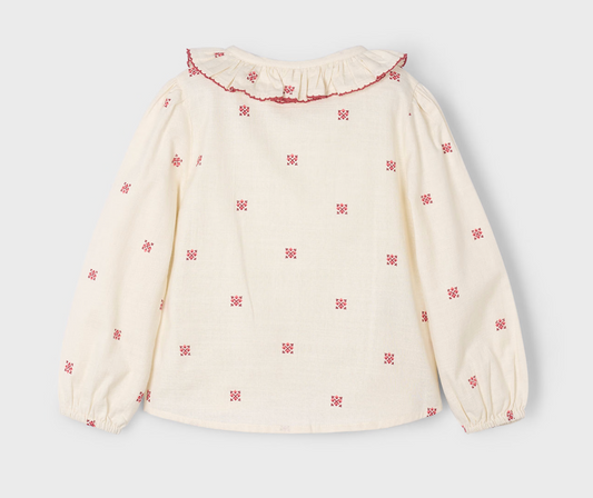 Mayoral girls White blouse with ruffle collar and dark pink floral embroidery