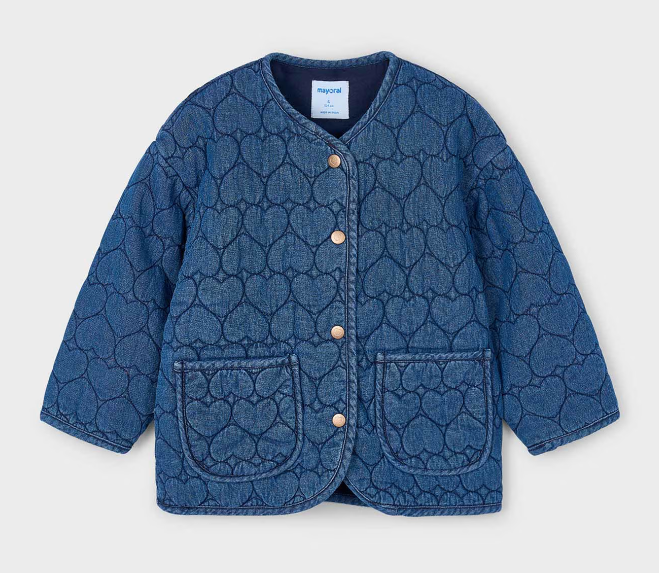 Mayoral Girls Blue quilted jacket with heart pattern and button details. GIRLS QUILTED HEART DENIM JACKET | MAYORAL 