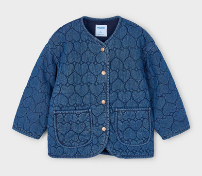 Mayoral Girls Blue quilted jacket with heart pattern and button details. GIRLS QUILTED HEART DENIM JACKET | MAYORAL 
