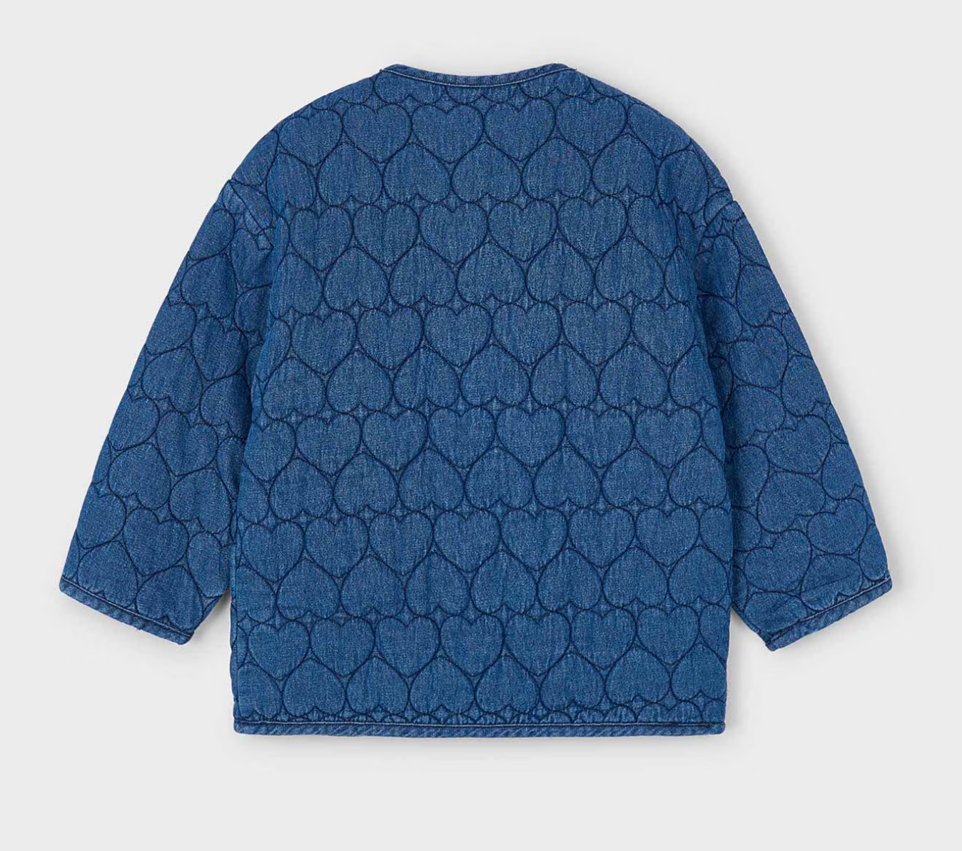 Mayoral Girls Blue quilted jacket with heart pattern and button details. GIRLS QUILTED HEART DENIM JACKET | MAYORAL 