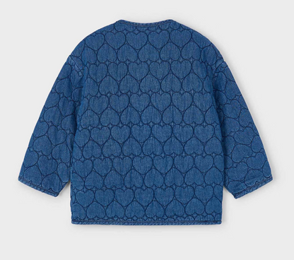 Mayoral Girls Blue quilted jacket with heart pattern and button details. GIRLS QUILTED HEART DENIM JACKET | MAYORAL 