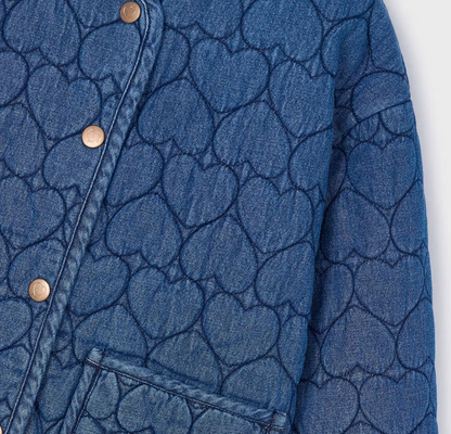 Mayoral Girls Blue quilted jacket with heart pattern and button details. GIRLS QUILTED HEART DENIM JACKET | MAYORAL 