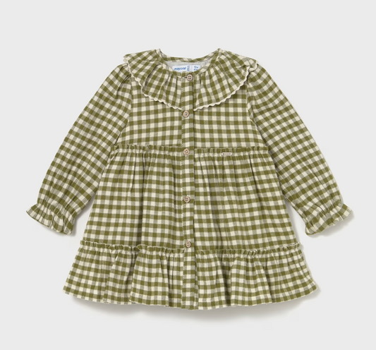 MAYORAL GIRLS Green and white checkered dress with ruffled collar 