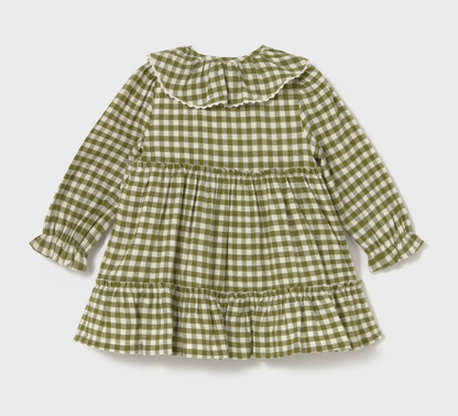 MAYORAL GIRLS Green and white checkered dress with ruffled collar and hem 