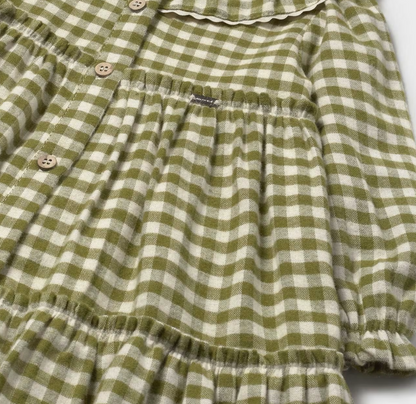 MAYORAL GIRLS Green and white checkered dress with buttons on a plain background