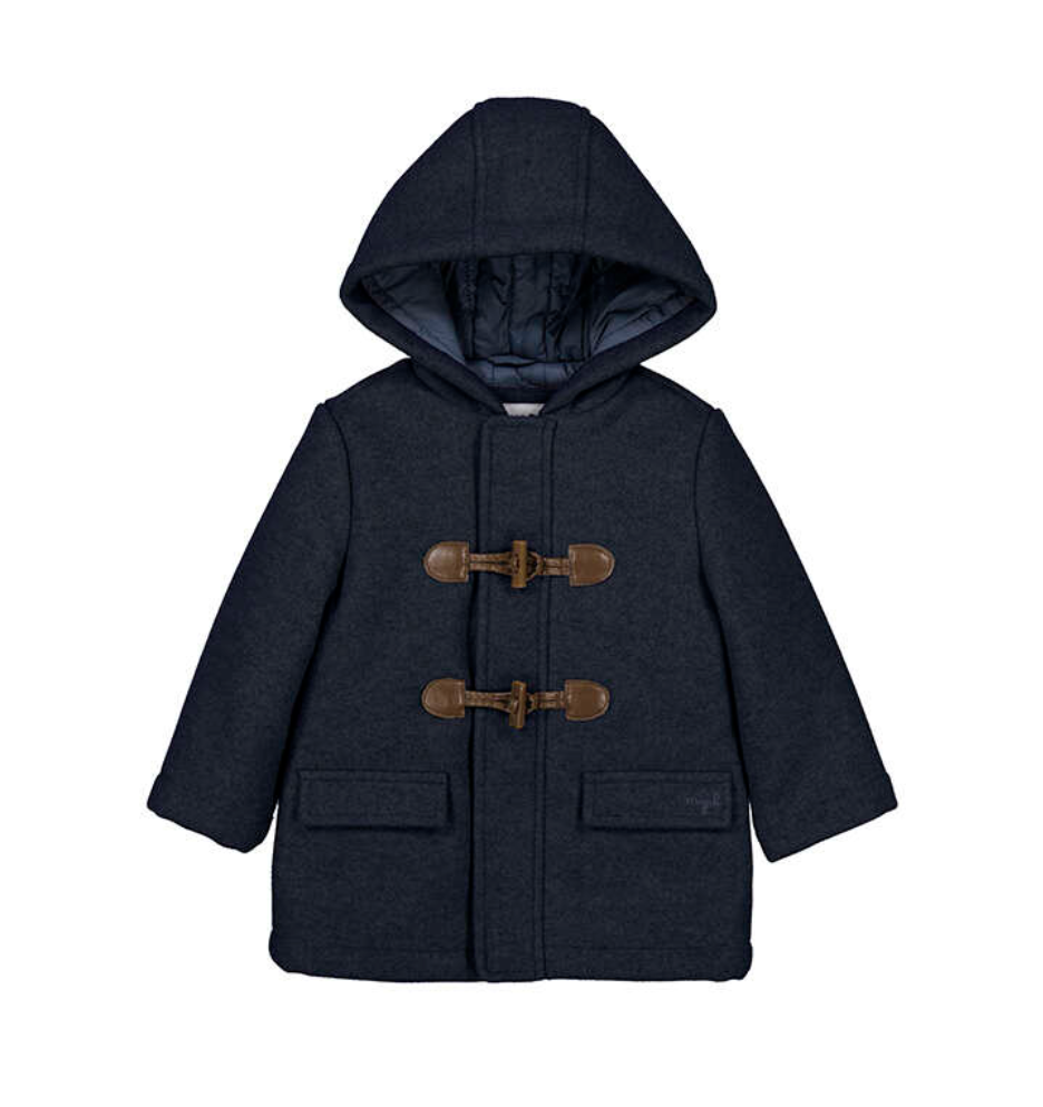 Front ghost-lay on white — full A-line silhouette; toggles; quilted hood interior; patch pockets.