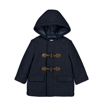 Front ghost-lay on white — full A-line silhouette; toggles; quilted hood interior; patch pockets.