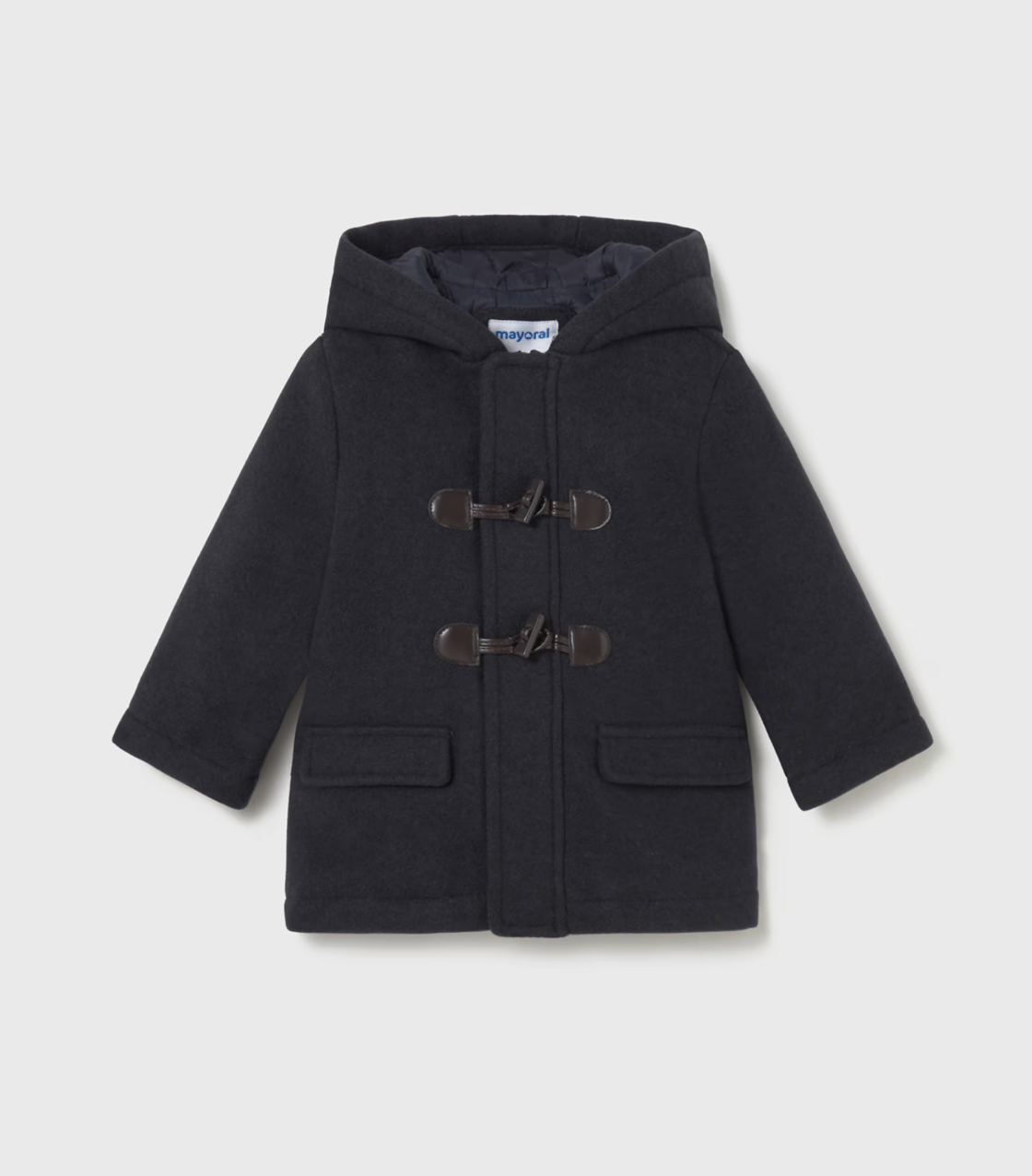Front ghost-lay on grey — Mayoral label; concealed zip; channel-quilted sleeves; toggles.