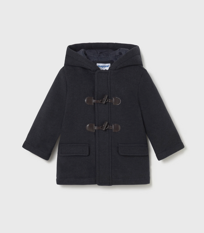 Front ghost-lay on grey — Mayoral label; concealed zip; channel-quilted sleeves; toggles.