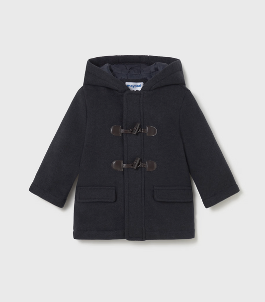 Front ghost-lay on grey — Mayoral label; concealed zip; channel-quilted sleeves; toggles.