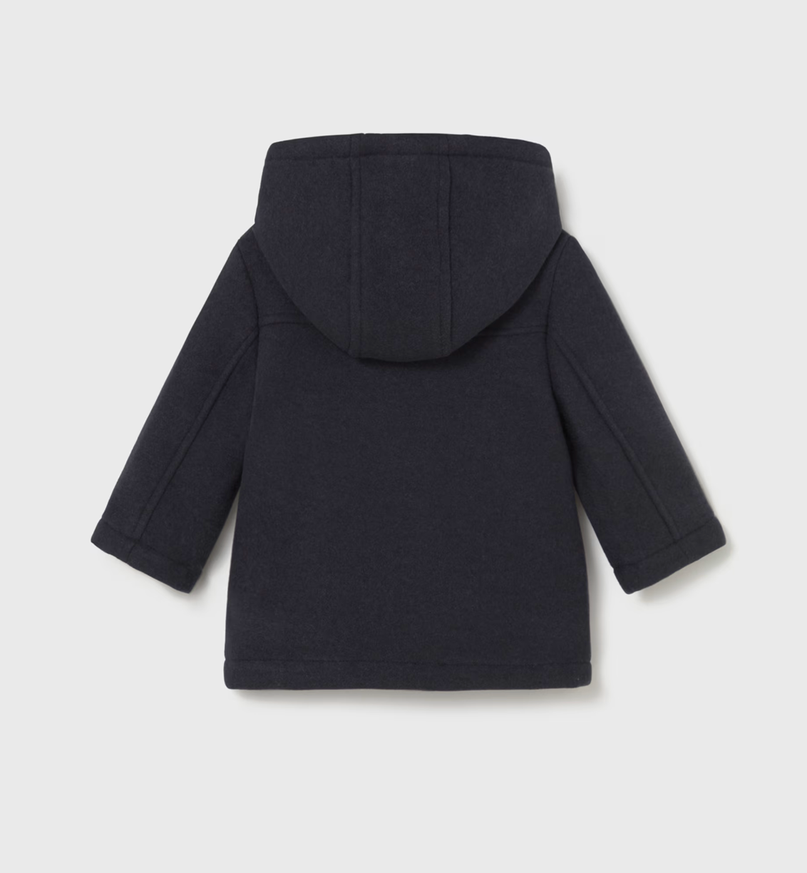Back ghost-lay — plain navy back; structured hood; quilted sleeve panels; A-line length.