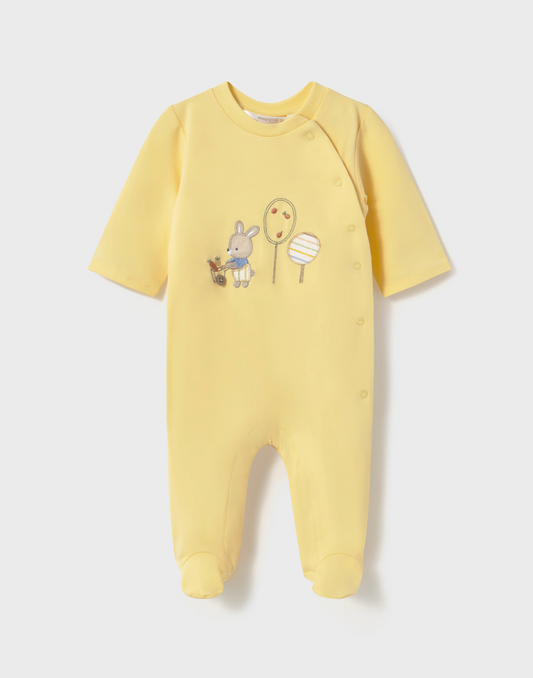 Yellow baby onesie with cartoon design. MAYORAL UNISEX RABBIT YELLOW BABY SLEEPSUIT WITH FEET