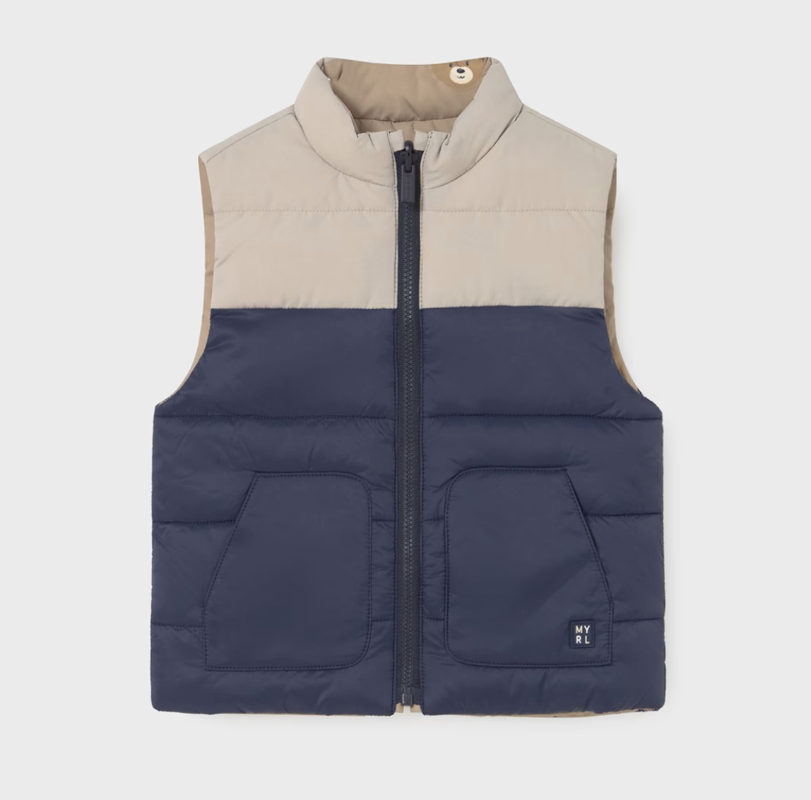 MAYORAL UNISEX Two-tone puffer vest with beige collar and navy body on a white background