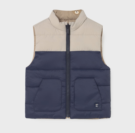 MAYORAL UNISEX Two-tone puffer vest with beige collar and navy body on a white background