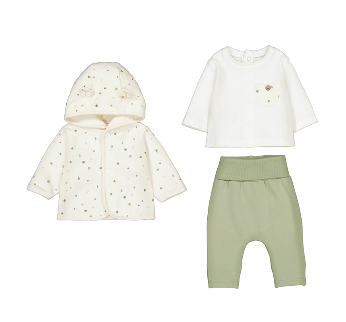 Baby outfit set with white jacket, white shirt, and green TROSUERS. MAYORAL UNISEX TRACKSUIT WITH LONG SLEEVE T-SHIRT - SAGE GREEN