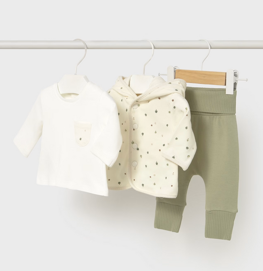 Baby clothing set with white jacket, polka dot HOODIE, and green TROUSERS. MAYORAL UNISEX TRACKSUIT WITH LONG SLEEVE T-SHIRT - SAGE GREEN