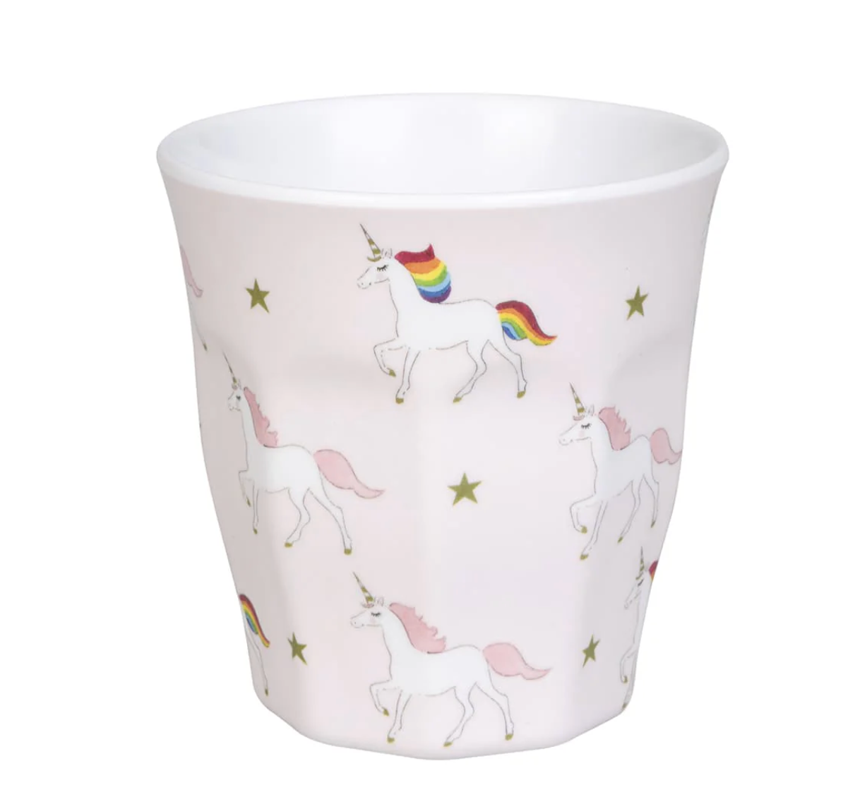 White cup with unicorn and rainbow pattern. MELAMINE BEAKER - UNICORN | SOPHIE ALLPORT