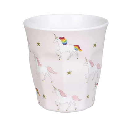 White cup with unicorn and rainbow pattern. MELAMINE BEAKER - UNICORN | SOPHIE ALLPORT