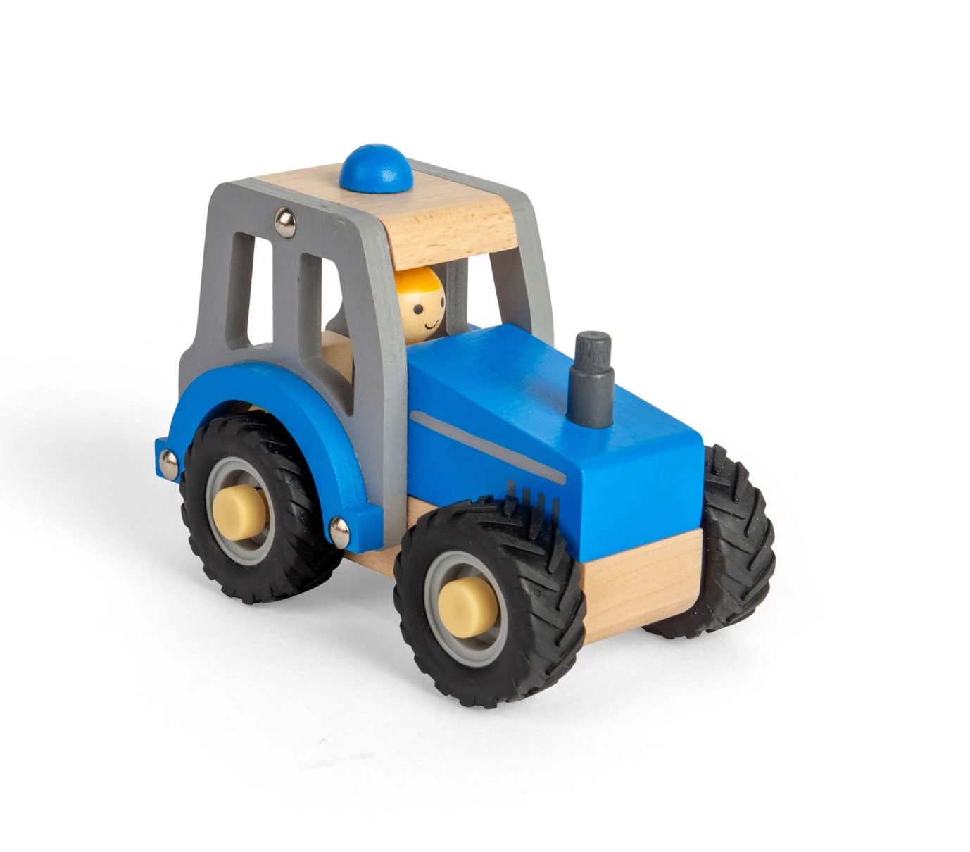 Wooden toy tractor with a driver figure on a white background MINI BLUE TRACTOR | BIGJIGS