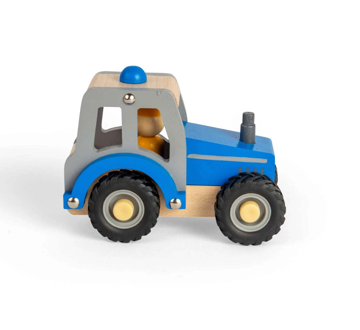 Wooden toy tractor with blue and gray design on a white background MINI BLUE TRACTOR | BIGJIGS